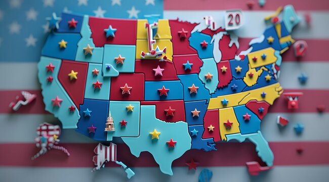 A colorful 3D model of the United States, showcasing stars and numbers on each state. A playful representation of the country.