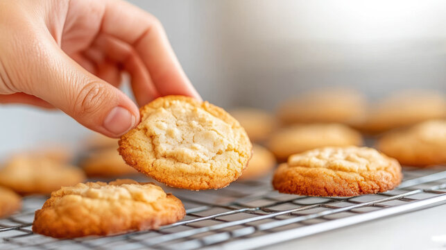 A hand grabbing a cookie from a cooling rack, food festive event