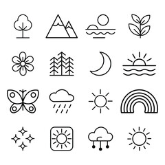 Nature Silhouette Line Art Icon Set .  Minimalist Vector Design
