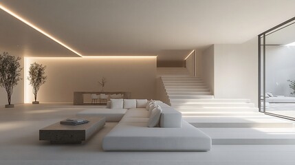 Fototapeta premium Modern, minimalist living room with a white sectional sofa, wooden coffee table, and a stairway leading to an outdoor patio.
