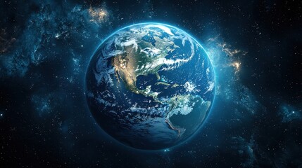 Naklejka premium A high-resolution view of Earth from outer space, showcasing vibrant continents, oceans, and a star-filled galaxy backdrop.