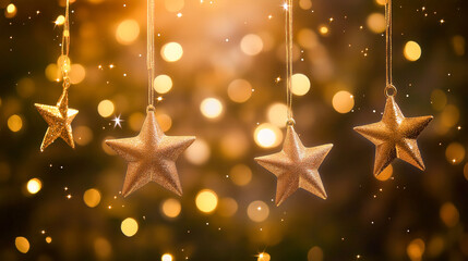 Fototapeta premium Golden Star Decorations with Glowing Bokeh Background for Festive Celebration