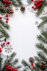 Festive frame of pine branches and red berries on a white background for Christmas