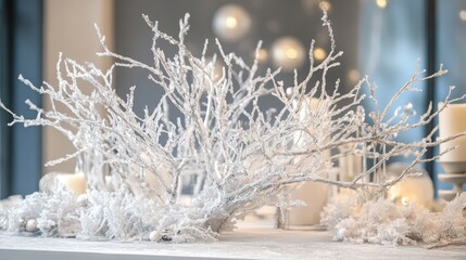 Icy branches creating a beautiful winter decoration on a table.