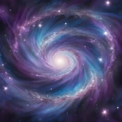 Fototapeta premium Ethereal Cosmic Scene with Spiral Galaxy and Glowing Starbursts in Purple, Blue, and Silver