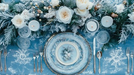 Icy blue and white table setting for a winter dinner party.