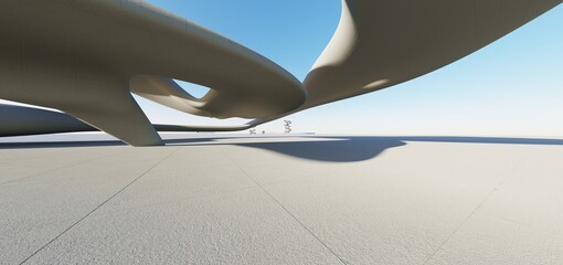 3d render of abstract futuristic architecture with concrete floor.