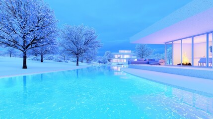 Modern Minimalist Winter Home Luxury Pool Snow Scene