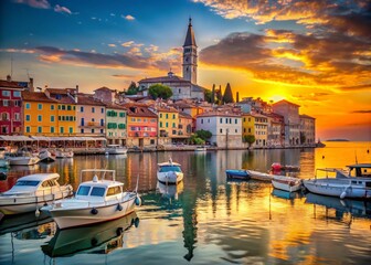 Fototapeta premium Captivating Views of Old Town Rovinj, Croatia: A Journey Through Cobblestone Streets, Colorful Facades, and Historic Architecture Surrounded by the Adriatic Sea's Serenity