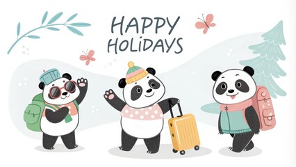 Naklejka premium cute cartoon panda with happy holidays background