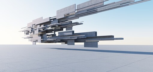 3d render of abstract futuristic architecture with concrete floor.