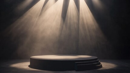 A dimly lit stage with spotlight beams, creating an atmosphere for performance or presentation.