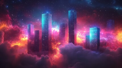 A futuristic cityscape engulfed in a vibrant nebula, with towering skyscrapers and a starry sky