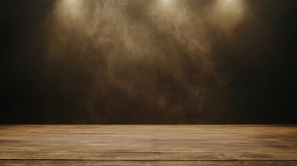 Rustic Wooden Stage with Smoky Background Spotlights and Dramatic Lighting