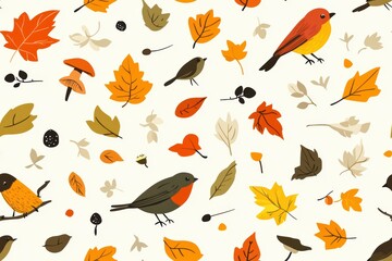 Playful Forest Pattern with Tiny Birds and Mushrooms