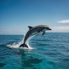 Fototapeta premium A majestic dolphin leaping out of turquoise ocean water with an empty horizon.