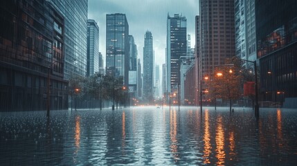 A flooded urban street scene with skyscrapers under a gloomy sky.
