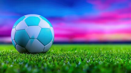 Fototapeta premium Soccer Ball on Grass Colorful Sunset Sports Background