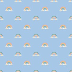 Obraz premium Seamless pattern of cheerful rainbows with smiling clouds on a soft blue background, perfect for kids’ projects, decor, or whimsical designs.