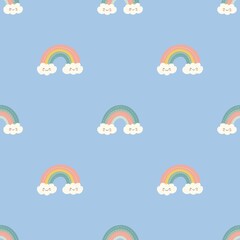 Playful repeating pattern featuring pastel rainbows and cheerful clouds on a light blue background, ideal for children’s designs or decorative projects.