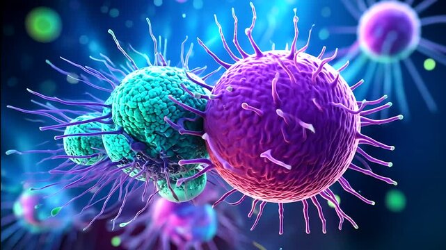 3D Animation of Antibody T Cells Attacking Cancer Cell or Virus. 4K