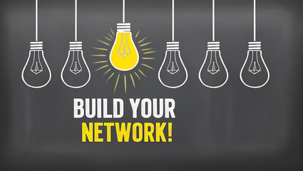 Light Bulb Outlines and 'BUILD YOUR NETWORK!' Motivational Text,  digital network, team building, brainstorming, network development, professional growth, concept of innovation