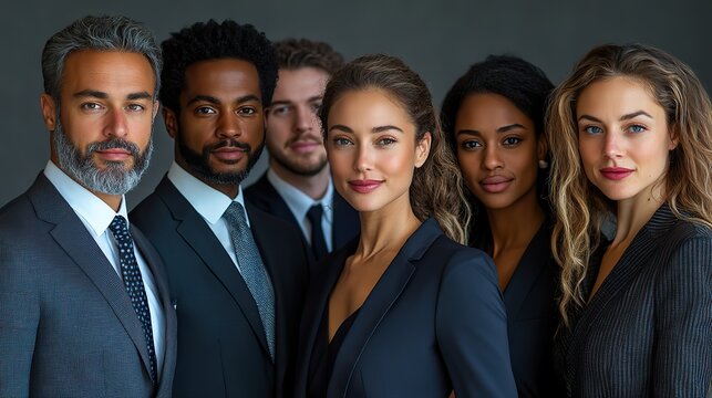 A diverse group of businesspeople, including men and women in suits and dresses, stand together as one unified team, forming an abstract representation of unity and collaboration
