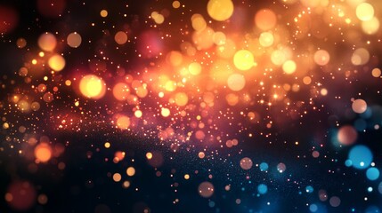 Fototapeta premium Abstract festive background with warm and cool bokeh lights, glowing particles, and glitter.