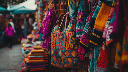 Fototapeta premium Colorful artisan market stall displaying traditional handmade woven textiles