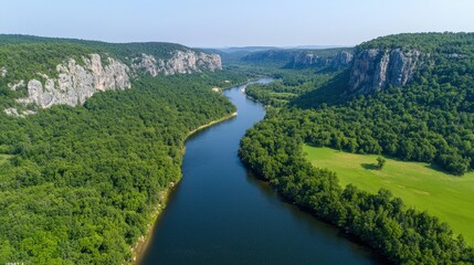 Serene River Valley Landscape Aerial View of Winding River Lush Green Forest and Majestic Cliffs