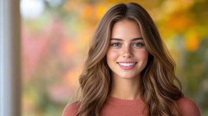 Obraz premium Beautiful Woman Smiling Autumn Background Portrait Happy Girl