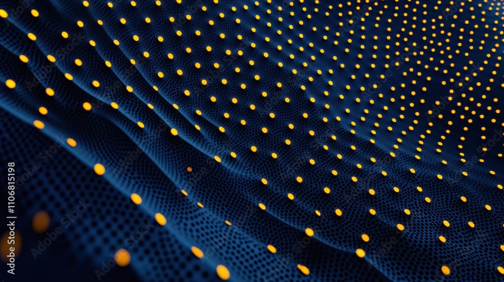 Poster abstract digital background with wave patterns and glowing dots in blue and yellow color scheme