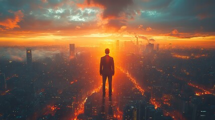 Fototapeta premium A double exposure image of a businessman and cityscape represents the connection between business and urban life