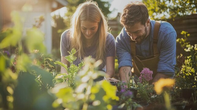 couple working together in their garden, planting or tending to flowers and plants