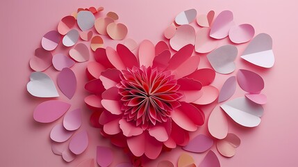 Heart shaped papers arranged like petals around a flower