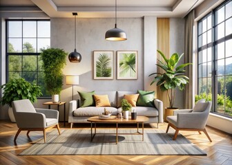 Fototapeta premium Modern Living Room Interior Design with Mock-Up Poster Frame, Cozy Furniture, Natural Light, Stylish Decor, Minimalist Aesthetic, Open Space Layout, Trendy Home Decor Ideas