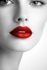 Fototapeta premium Glamorous Close-Up Portrait in Black and White with Bright Red Lips