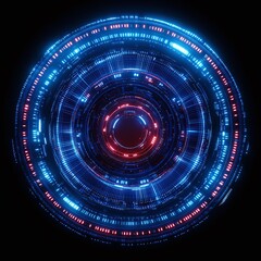 Obraz premium Abstract futuristic circle with glowing blue and red lights against a dark background in a digital style