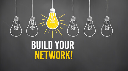 Light Bulb Outlines and 'BUILD YOUR NETWORK!' Motivational Text,  digital network, team building, brainstorming, network development, professional growth, concept of innovation