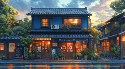 Obraz premium A local Japanese books shop and cafe decorated with Japanese tradition at entrance. In Autumn