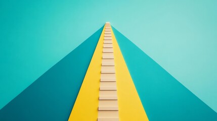 Abstract image of a staircase leading upward against a blue and yellow backdrop.