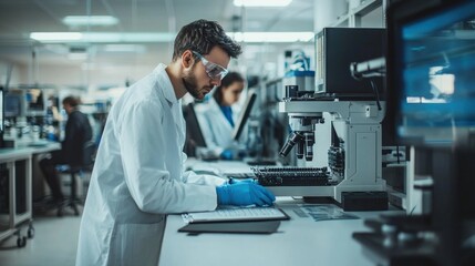 Engineers and scientists working on cutting-edge technology prototypes in a modern lab setting