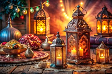 Obraz premium Charming Ramadan Kareem Interior Design Concept Featuring Elegant Decor, Warm Lighting, and Festive Elements for a Cozy Atmosphere