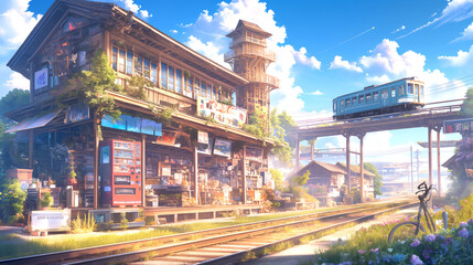 A local Japanese train station and train in the rail with Japanese tradition at entrance. Transportation concept