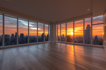 Fototapeta premium Panoramic Sunset Views: Modern Living Spaces with Floor-to-Ceiling Windows