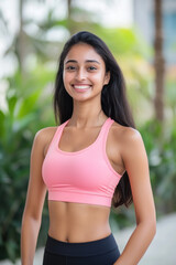 Fototapeta premium Indian fitness woman smile in sportswear, female athlete workout
