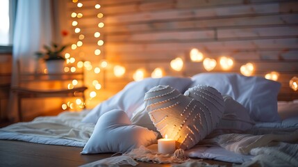 Heart shaped pillows on beautifully made bed surrounded by soft lighting and delicate textures