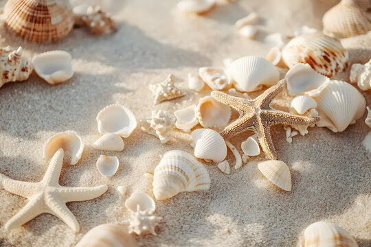 Sandy beach with collections of white and beige seashells and starfish as natural textured background for summer holiday and vacations concept.