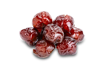 Top view pile of sweet pitted chinese jujube fruit preserved in syrup isolated on white background with clipping path.