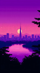 Fototapeta premium City skyline with a vibrant sunset and reflecting water under a purple sky